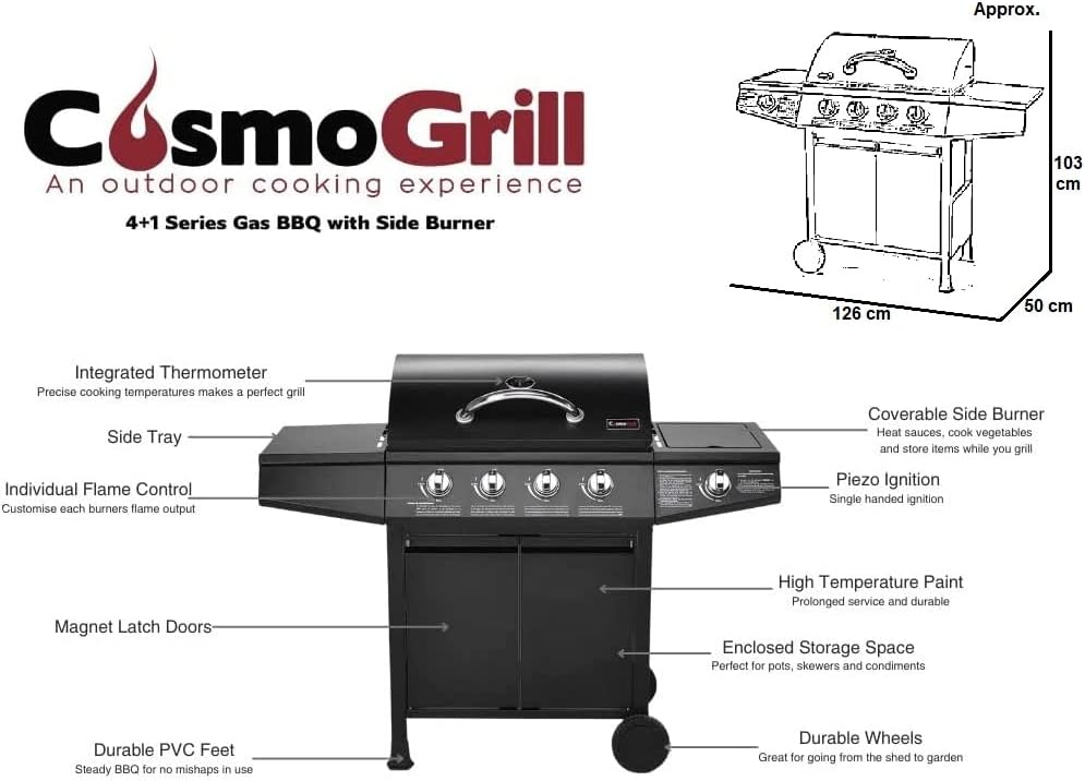 CosmoGrill 4+1 Series Gas BBQ with Side Barbecue Burner and Storage (4+1 BBQ with Cover) - Image 3